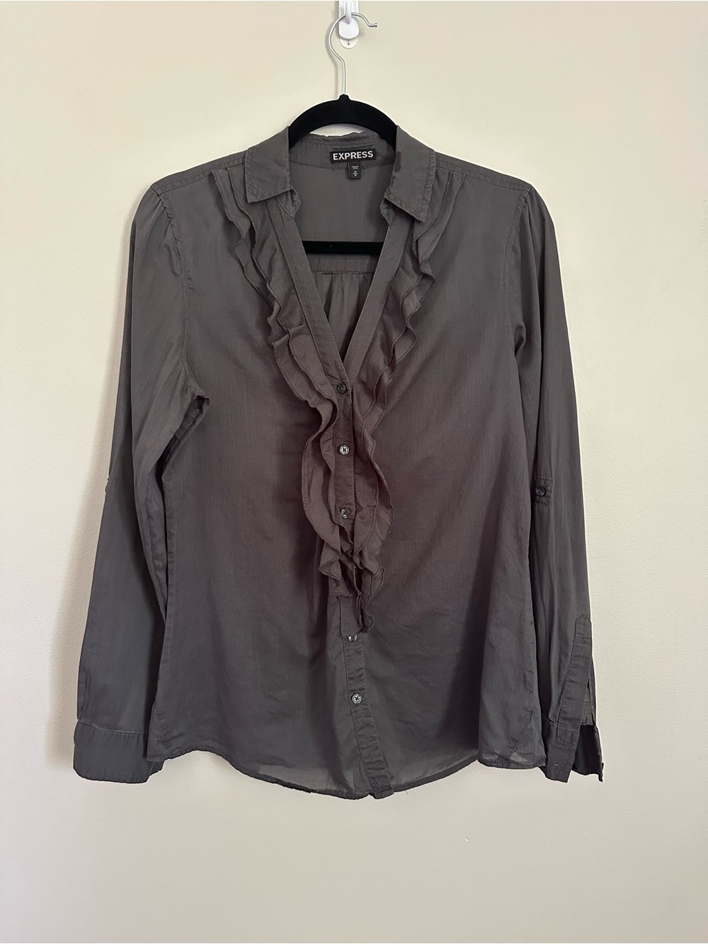 Vintage Y2K Express Gray Ruffle Front Button Up Blouse Medium Fairy Grunge